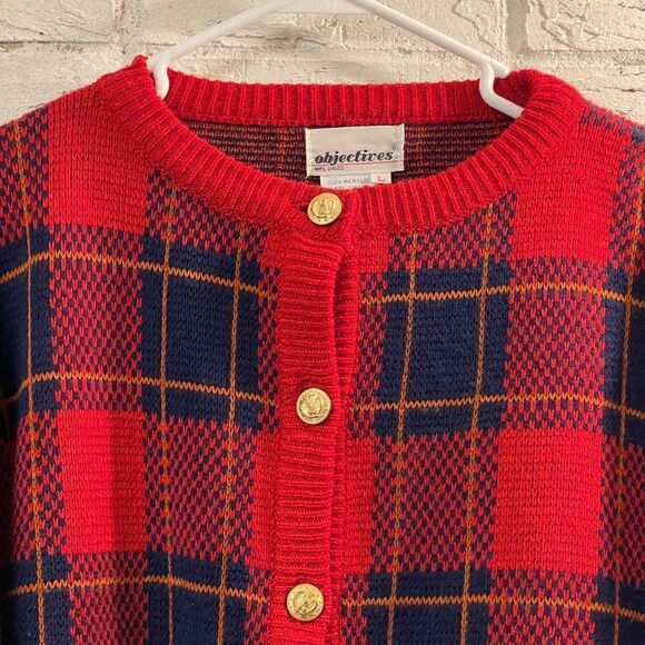 Vintage Objectives Blue Red Plaid Clueless Sweater Cardigan Size L - Picture 3 of 8